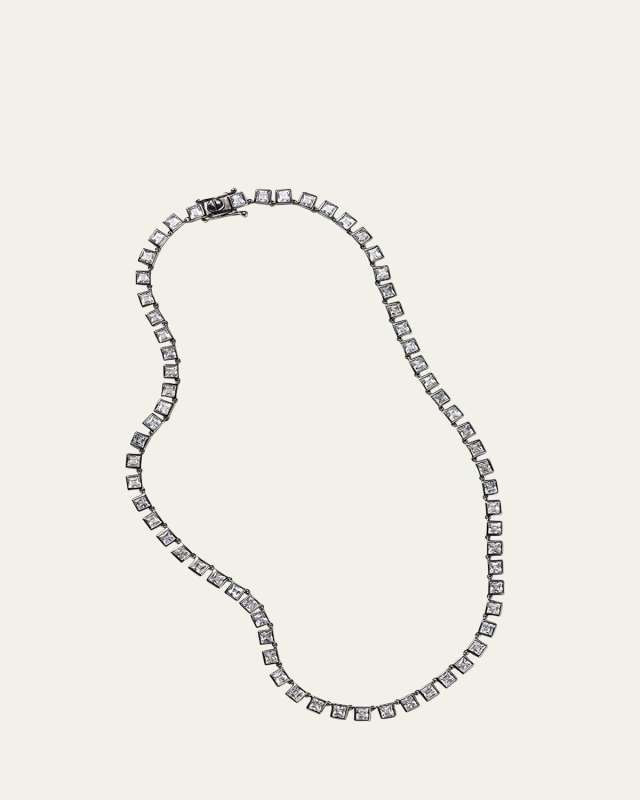Sterling Silver Riviere Tile Necklace with White Zircon and Black Rhodium